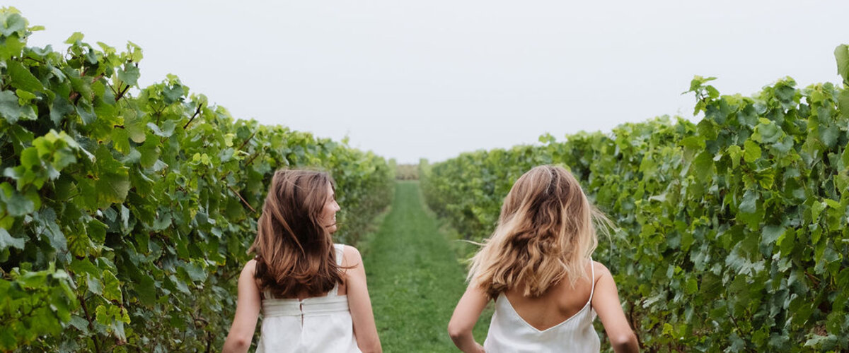 Two women walking through a green vineyard in white linen